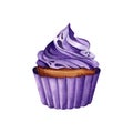 Isolated watercolor cupcake with purple cream and ghost.