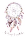 Isolated Watercolor decoration bohemian dreamcatcher. Boho feathers. Native dream chic design. Mystery etnic tribal print. Tribal