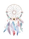 Isolated Watercolor decoration bohemian dreamcatcher. Boho feathers decoration. Native dream chic design. Mystery etnic tribal pr