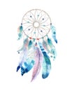 Isolated Watercolor decoration bohemian dreamcatcher. Boho feathers decoration. Native dream chic design. Mystery etnic tribal pr