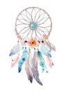 Isolated Watercolor decoration bohemian dreamcatcher. Boho feathers decoration. Native dream chic design. Mystery etnic tribal pr