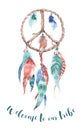 Isolated Watercolor decoration bohemian dreamcatcher. Boho feathers. Native dream chic design. Mystery etnic tribal print. Tribal