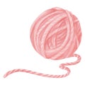 An isolated watercolor depiction of a pink yarn spool. Comprised of wool and cotton strands. for hobbyists, sewing boutiques,