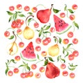 Watercolor fruit set with cherry, pear, watermelon