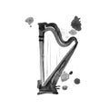 Isolated watercolor harp on white. Beautiful classic instrument.