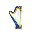 Isolated watercolor harp on white. Beautiful classic instrument.