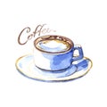 Isolated watercolor illustrated hot coffee in a white porcelain cup from above top view with coffee calligraphic