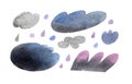 Isolated watercolor illustration of clouds and rain dropsset for weather forecast on white background with clipping mask