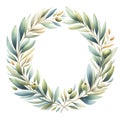 Isolated watercolor illustration of a frame with olive branches.