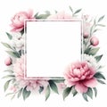 Isolated watercolor illustration of a frame with peonies.