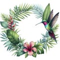 Isolated watercolor illustration of a frame with tropical plants and hummingbird.