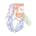 Isolated watercolor sketch of a hipster with mustache and a beard Vector