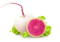 Isolated watermelon radishes. Whole raw watermelon radish and half with leaves isolated on white background Royalty Free Stock Photo