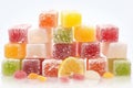 Isolated on white array of colorful Turkish delight Rahat Lokum