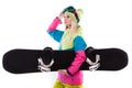 beautiful young woman in ski outfit and ski glasses hold snowboa