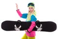 beautiful young woman in ski outfit and ski glasses hold snowboa