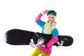 beautiful young woman in ski outfit and ski glasses hold snowboa