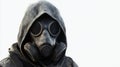 Isolated on a white backdrop is a man wearing a hooded gas mask. Close-up Royalty Free Stock Photo