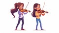 Isolated on a white background, cartoon girls play violin and flute at a school concert, rehearse before the talent show