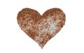 Isolated on white background of cocoa powder heart shape with clipping path