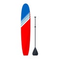 Isolated on white background flat style red and blue standup surfboard for paddleboarding -longboard with black paddle