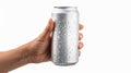 Isolated on white background, hand holding empty aluminum can with condensation. Front view. Royalty Free Stock Photo