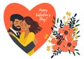 Isolated on white background hugging couple in heart and bouquet of flowers. Cute valentines day vector illustration