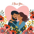 Isolated on white background hugging couple in heart and many flowers. Cute flat valentines day vector illustration