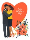Isolated on white background hugging couple in love with heart and bouquet of flowers. Cute valentines day vector