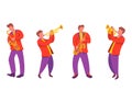 Jazz quartet musicians with saxophone, trumpet.Modern flat vector illustration notes.