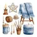 Isolated on white background objects related to hanukkah candles, blankets. Stickers. Hanukkah as a traditional Jewish holiday