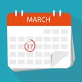 Calendar icon. The 17th March. Isolated on white background.