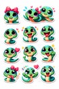 On an isolated white background sticker pack of funny cute characters of snakes. Cartoon reptiles