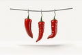Isolated on a white background are three red chili peppers dangling on three ropes