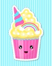 Cute cartoon cupcake decorated with rainbow and unicorn horn. Royalty Free Stock Photo