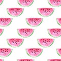 Isolated on white background watercolor bright pink ripe watermelon slices as seamless pattern. Web Royalty Free Stock Photo