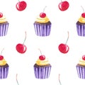 Isolated on white background watercolor seamless pattern with cupcake with cherry berry Royalty Free Stock Photo