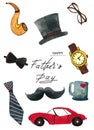 Isolated on white background watercolor set on Father`s Day - the car, hat, mustache, watches, tube, tie, mug, glasses