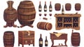 Isolated on white background, wine bottles and barrels, wooden casks, shelves and racks with alcohol. Modern cartoon Royalty Free Stock Photo