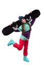 young beautiful woman in purple ski coat hold snowboard on shold Royalty Free Stock Photo