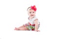 Cute beautiful baby girl in dot dress with butterflies and red w Royalty Free Stock Photo