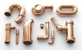 Isolated on white, a 3D rendering of a set of copper pipe fittings is displayed Royalty Free Stock Photo