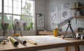 Isolated on white, a drawing table holds a project blueprint with a clip Royalty Free Stock Photo