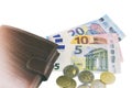 Isolate on white. EU cash. Banknotes of 5, 10, 20 euros. Some coins. Man`s brown wallet Royalty Free Stock Photo