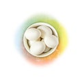 Isolated white fresh eggs in a white bowl with colorful shadows