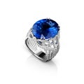 Isolated white gold ring with diamonds and huge blue sapphire Royalty Free Stock Photo