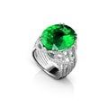 Isolated white gold ring with diamonds and huge green emerald Royalty Free Stock Photo