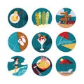 Isolated on white illustration with set of summer vacation icons in circles. Happy girl and sea, ice cream, cocktail, cool Royalty Free Stock Photo