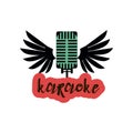 Isolated on white karaoke emblem with one green vintage style microphone with black wings and inscription on red