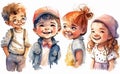 Isolated on white, kids portraits, cute laughing little boys and girls on white background. Watercolor illustration